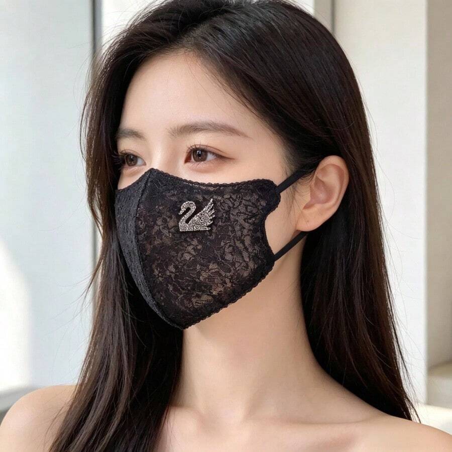 Fashionable Luxury Lace Rhinestone Swan Face Mask, Starry Embroidery Women's All Season Thin Breathable Elegant Slimming Shiny Crystal - Multicolor - View 1