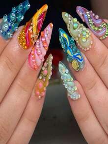 6 Grids Mixed Colorful Aurora Mermaid Beads Nail Charms Pink Blue Mini Round Pearl Bubble Beads Rhinestones DIY Winter Christmas Nails Decoration - Multicolor - View 6
