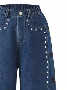 Tween Girls Blue Denim Jeans, Fashion Street Casual Style, Side Star Embroidery & Rhinestone Craft, Loose Straight Leg Wide Leg Pants, Suitable For Spring, Summer, Autumn, Winter - Blue - View 5