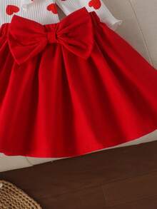 2pcs Baby Girl Cute Ruffle Hem Heart Print Ribbed Long Sleeve Top & Skirt Set, Thin Spring/Autumn Holiday - Red and White - View 7