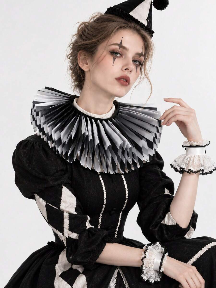 1pc Vintage Gothic Clown Style Black & White Striped 3D Pleated Ruffle Collar, Party Cosplay Shirt Decoration Detachable Fake Collar, Unisex - Multicolor - View 1