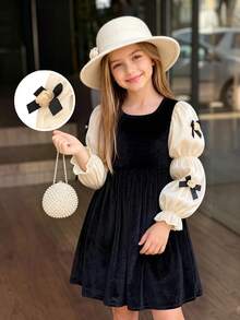 Tween Girls Christmas Velvet Dress, Square Neck Contrast Puff Sleeve, Bow Decor Princess Halloween Birthday Holiday Party Gown Dresses 8-12Y - Black - View 4