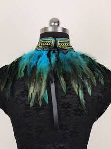 1pc Medieval Faux Feather Shawl Collar Blue & Gold Embroidered Chest Piece, Women's Ball Renaissance Fantasy Cosplay Costume Accessory, Halloween Outfit Accessory - COS - View 6