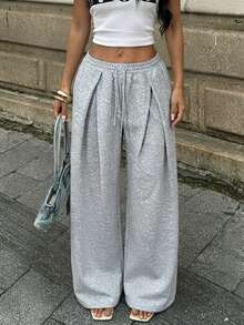 Streetwear High Waist Loose Pleated Wide Leg Casual Sweatpants - Light Grey - View 1