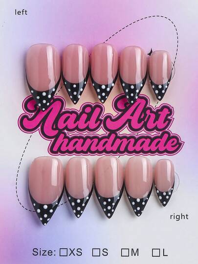 Arte de Unhas Outono/Inverno, Unhas Postiças Pontiagudas, Estilo Doce Menina Y2K, Pontas de Unhas Nude e Pretas com Borda Francesa e Design de Bolinhas, Feito à Mão, Adequado para Mulheres e Meninas. Acabamento Brilhante, 10 Peças no Total, 3 Tamanhos Incluídos, Perfeito para Festas, Dança e Uso Diário. Acompanha Conjunto de Ferramentas, Ótimo Presente para Mulheres e Meninas.