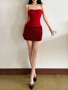 Top Dazzle Christmas Elegant Red Spaghetti Strap Short Slim Fit Knit Backless Mini Dress - Red - View 6