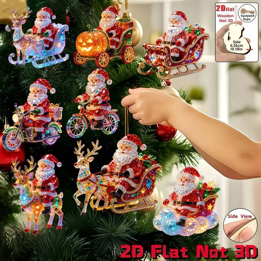 2D Flat 1/8pcs Set New Fun 2D Embossed Wooden Home Decor Christmas Santa Sitting On Various Christmas Vehicle Patterns Holiday Pendant Hanging Ornament Practical And Beautiful Decoration - Multicolor - View 1