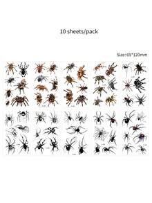 10 Sheets/Pack Spider Pattern Tattoo Stickers For Halloween Party Body Decor, Waterproof Spider Web Temporary Tattoos For Women Men, Halloween Cosplay Face, Neck, Arm And Body Stickers Fake Tattoo - Black - View 8