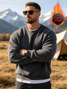 كنزة رجالية من الصوف بلون موحد مع أكتاف منسدلة، ملابس علوية بياقة دائرية بسيطة، مناسبة للخريف، ملابس علوية ثقيل بأكمام طويلة، خريف/شتاء/العودة إلى المدرسة - رمادي غامق - مشاهدة 3