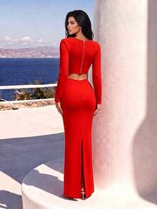 Women's Square Neck Long Sleeve Water Drop Pendant Bandage Dress Set - Red - View 5