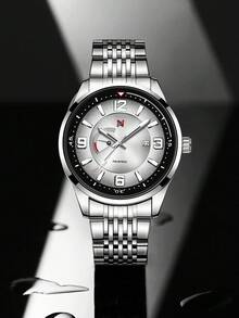NSNEVER STOP NS Round Steel Band Business Casual Quartz Men's Wrist Watch With Rotating Crown, Folding Clasp, Suitable For Daily Commute, Multiple Festivals, Gift Box Watch - White - View 6