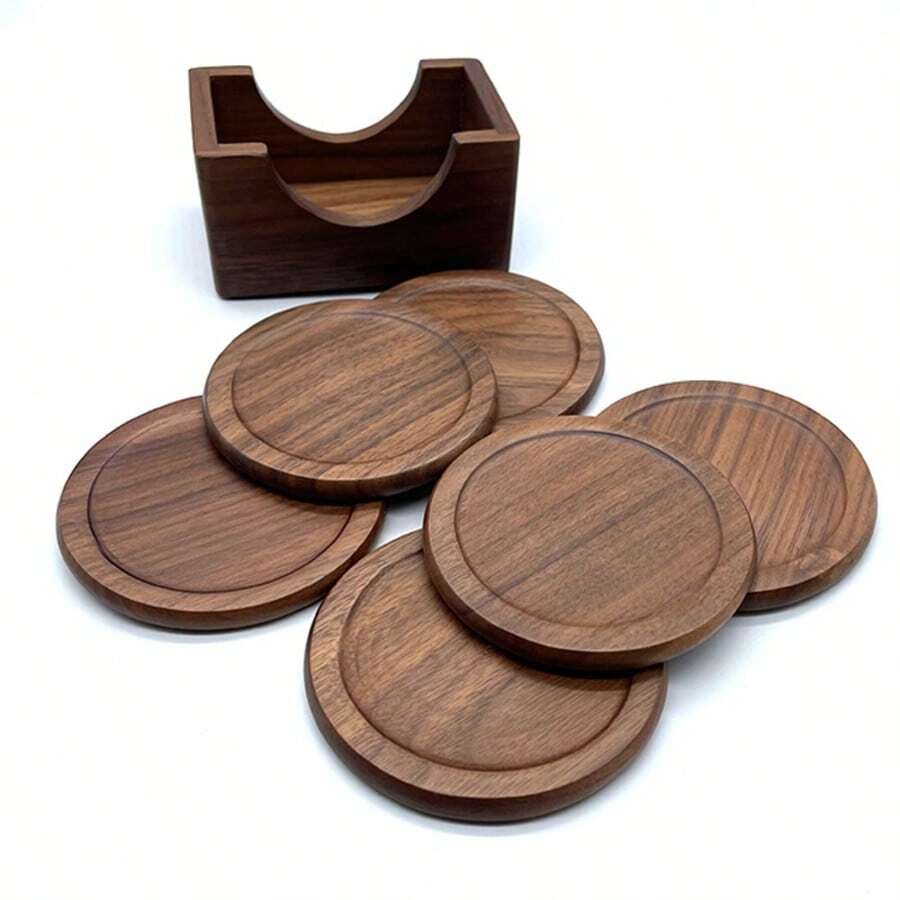6pcs/4pcs/3pcs/2pcs/1pc Black Walnut Wood Coaster Set, Round Beech Wood Coasters, Heat Resistant Coffee Mats, Wooden Beverage Cup Pads, Suitable For Kitchen, Restaurant, Living Room Decor, Tabletop Protection Mat, Multi-Size Wooden Coaster Set, Home & Cafe Tabletop Decoration - Walnut - View 1