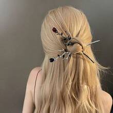 Vintage Branch Rose Hair Stick, Elegant Floral Hair Fork, Women's Daily Updo Accessory - Black + Beige - View 5