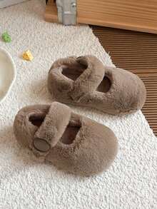 Autumn/Winter Girls' Cloud-Feel Indoor/Outdoor Fuzzy Slippers With One-Strap Round Buckle Hook-And-Loop Design, Soft Warm House Shoes - Khaki - View 3