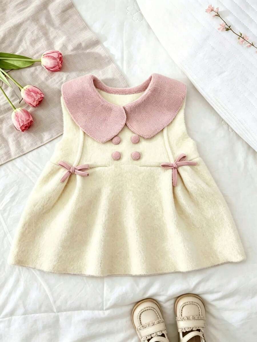 WUHUANG YIYI Gaun Tank Top Wanita Gaya Minimalis Manis dan Imut dengan Hiasan Kancing Pita Buatan Tangan, Warna Polos, Longgar dan Serbaguna untuk Aktivitas Luar Ruangan di Musim Gugur - Krem - View 1