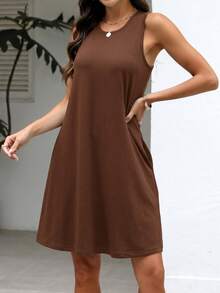 Vestido sin mangas con bolsillo para mujer, color sólido, suelto, vestido de verano, casual, largo - Café integral - Ver 4