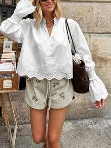 Women's White Crop Top, Ruched Stand Collar Puff Bell Sleeves, Wavy Lace Hem, Suitable For Brunch And Early Autumn - White - View 2