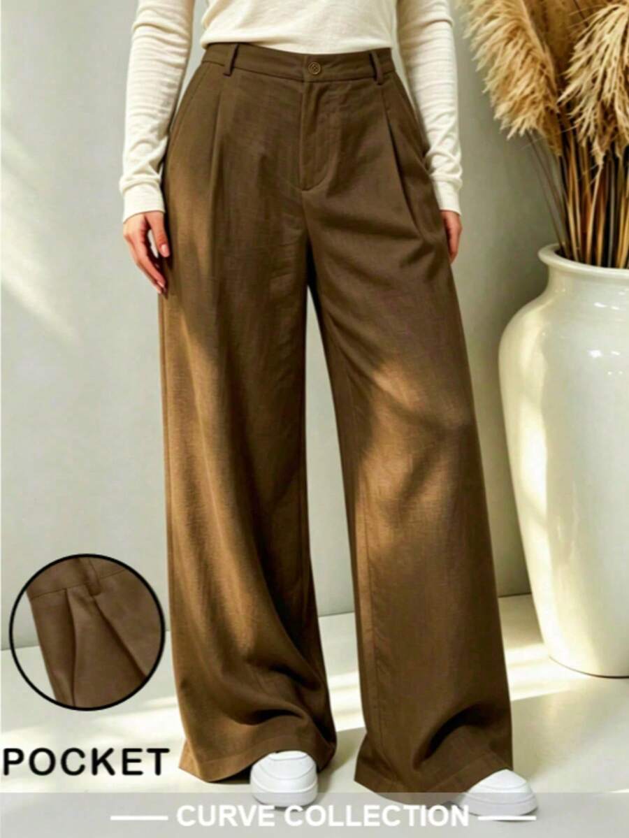 Women's Plus Size High Waist Pocket Wide Leg Pants, Autumn Outfit Essential, Comfortable And Soft