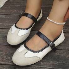 Women's Vintage Colorblock Fine Plaid Solid Color Round Toe Single Strap Flat Low-Cut Mary Jane Shoes, French Style Daily Commute Spring Autumn Beige Fabric - White - View 5