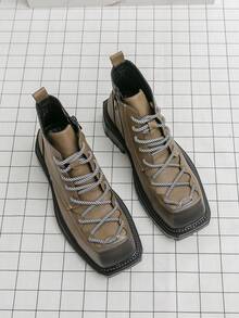 Men's Boots Square Toe Distressed Gradient Toe Cap Contrast Color Thick Rope Shoelaces Side Hidden Zipper Thick Sole Design Sturdy Boot Shape Clean Stitching Men's Casual Shoes Winter Boots Outdoor Commute Men's Boots - Khaki - View 6