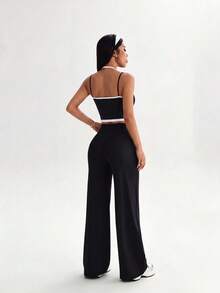 2pcs Women's Contrast Color Criss-Cross Strap Tank Top And High Waist Sports Pants Set, Backless Gym Training Workout Set, Suitable For Yoga, Fitness, Running, Hiking - Black and White - View 2