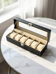 Luxury Classic PU Leather 6-Slot Watch Display Box | Men's Watch Collection Organizer With Transparent Glass Lid And Velvet Lining, Suitable For Vanity Display And Gift For Watch Enthusiasts - Multicolor - View 3