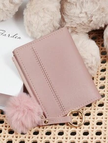 Adorned With A Delicate Pom-Pom, Ladies' Fashion Coin Wallet Zipper Folding Button Short Wallet With Small Wrist Circle Decoration, Daily Commuting - Lilac Purple - View 7
