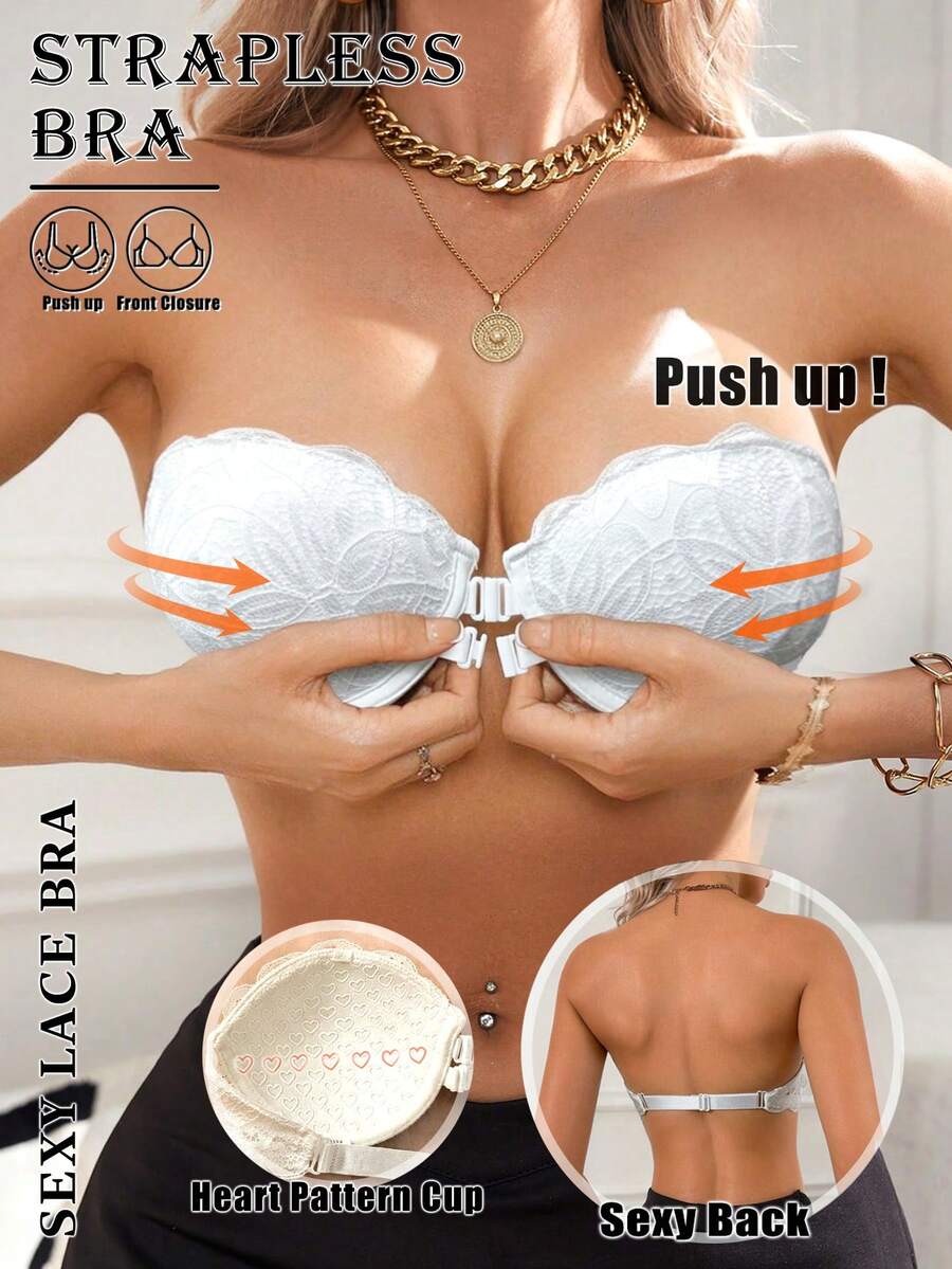 Women's Strapless Front-Closure Push-Up Lace Underwire Bra, Backless Bandeau Bra, Heart Pattern Cups, Non-Slip, Suitable For Evening Gowns And Weddings - White - View 1
