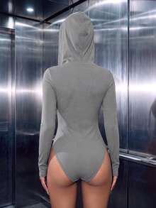 Women's Casual Ribknit Hooded Button Front Slim Fit Long Sleeve Bodysuit For Daily Wear Fall/Winter,Fall Winter Clothes,Winter Fall Outfit,Going Out - Grey - View 7