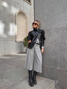 ACKCER Women's Black Asymmetric Placket Stand Collar Drop Shoulder Elastic Ribbed Hem Loose Motorcycle Jacket, Autumn/Winter - Black - View 5