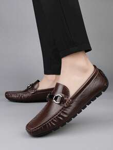 Men's Shiny Metal Horsebit Slip-On Loafers, Microfiber Leather Wear-Resistant Textured Grip Soft Sole, Business Commute Date Casual Versatile Men's Shoes - Brown - View 6