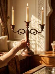 1Pc Retro Carved Alloy Candelabra, Imitation Wood‑Grain 3/5 Arms Candle Stick Holder, Centerpiece For Dining Table, Wedding, Ramadan, Party Home Ornament. - Classic - View 5