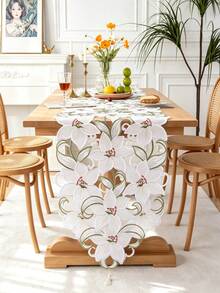 1pc Lily Flower Embroidered Tassel Table Runner, Elegant Dining Table Decor, Suitable For Dining Table, Party And Home Decoration - White - View 2
