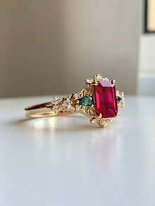ZHIXUN 1pc Fashion Vintage Gold Floral Silk Red Synthetic Zirconia Ring, Exquisite Luxury Bridal Ring, Suitable For Women Wedding Party Gift - Ring - View 1