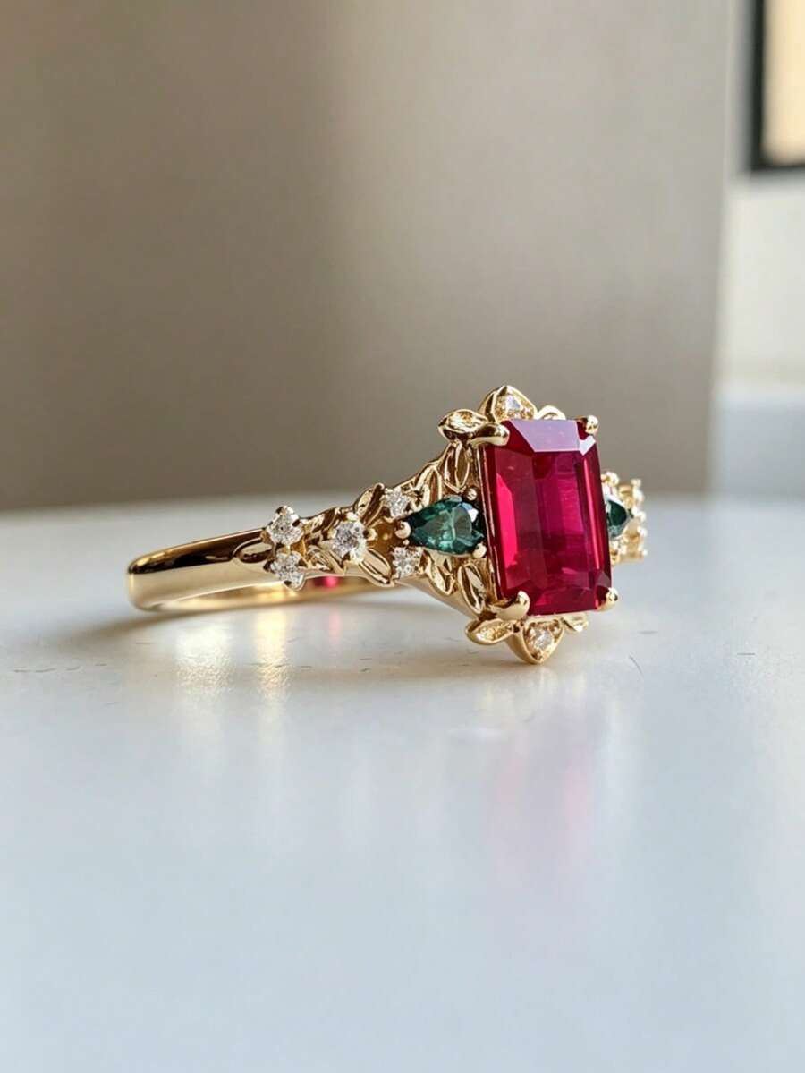 ZHIXUN 1pc Fashion Vintage Gold Floral Silk Red Synthetic Zirconia Ring, Exquisite Luxury Bridal Ring, Suitable For Women Wedding Party Gift - Ring - View 1