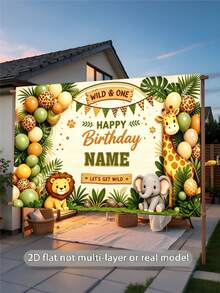 Customizable Name Tropical Jungle Animal Theme Happy Birthday Backdrop, Leopard Print Triangle Bunting, Lion, Elephant, Giraffe, Palm Leaf, Wild King Decor Design, Personalized Animal Theme Birthday, Baby Shower, Gift Background Decoration Photography Prop Vinyl - Green - View 5