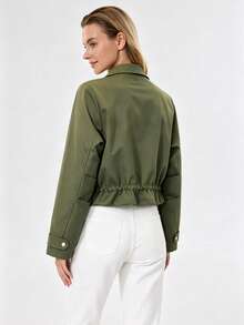 Women's Military Style Jacket, Short Slimming Design With Large Pockets And Cinched Waist, Motorcycle Jacket, Fashionable Autumn/Winter Outfit For Daily Commute, Party And Holiday - Army Green - View 6