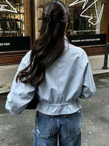 Women Stand Collar Buckle Detail Drawstring Waist Cropped Jacket, Fall Long Sleeve Casual Outerwear - Multicolor - View 3