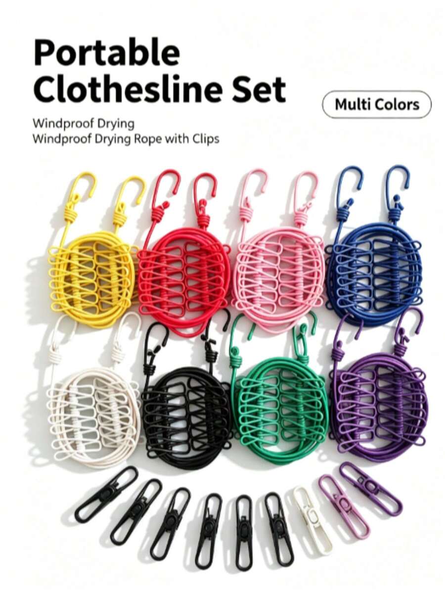 1pc 1.8m Portable Clothesline With 12 Clips, Lightweight & Foldable, Suitable For Travel, Indoor Drying, Outdoor Camping, Laundry Room Use. This Space-Saving Clothesline Comes With Strong Clips And Compact Folding Design, Ideal For Apartment, Dormitory, Balcony Drying. The Clothesline Features Adjustable Support - Multicolor - View 1