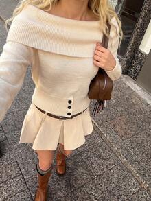 Korean Style Autumn/Winter Off-Shoulder Sweater Women Niche French Design Soft Knit Pullover Top - Apricot - View 5