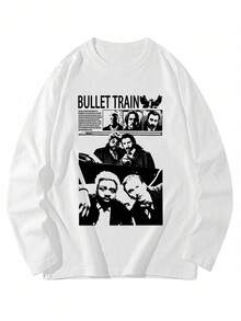 Women's Round Neck Long Sleeve T-Shirt, Spring/Autumn New Portrait Pattern & Letter Print, Fashion Casual Versatile Loose Fit Top - White - View 3