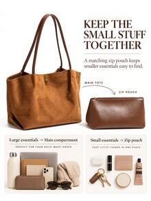 2pcs Brown Faux Suede Tote Bag Set, Women's Large Capacity Shoulder Handbag With Storage Bag, Casual Commute Work Bag, Autumn/Winter Daily Use - Evonik - View 8