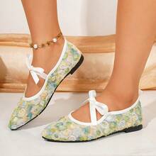 Spring/Autumn Pointed Toe Low-Top White Satin Bow Mesh Flat Ballet Shoes For Women, Comfortable And Versatile, Suitable For Commuting, Dating, Office - Sprout Green - View 6