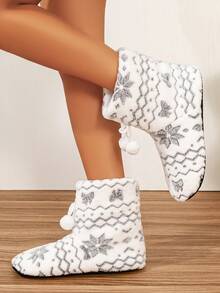 Women's Winter Plush House Slippers, Snowflake Geometric Print Thermal Lined Indoor Slippers With Drawstring And Pom Pom Decor For Bedroom Floor - White - View 2