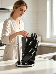 8Pcs Stainless Steel Kitchen Knife Set With Rotating Knife Block, Household Cutting Knives For Meat Vegetables, Countertop Organizer For Kitchen Food Preparation - Multiple Specifications - View 1