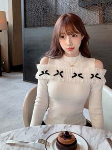 Apricot Lace Patchwork Bow Long Sleeve Knit Sweater Women Autumn/Winter Gentle Style Slim Fit Base Layer Top - Apricot - View 4