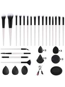 37pcs Multi-Function Makeup Tool Set, 20 Makeup Brushes & 15 Powder Puffs & Eyelash Curler & Brush Cleaner, Dense Soft Bristles With Even Powder Pickup And No Flying Powder, Suitable For Student Dorm Daily Makeup, Business Travel And Portable Makeup - Multicolor - View 16
