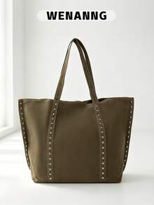 1pc Vintage Punk Rivet Tote Bag, Large Capacity Commuter Bag, Shoulder Handbag, Suede Open Top Bag, Daily Storage Bag, Suitable For Girls/College Students/Young People, Applicable For Commuting, Campus Outings, Daily Shopping - Multicolor - View 1
