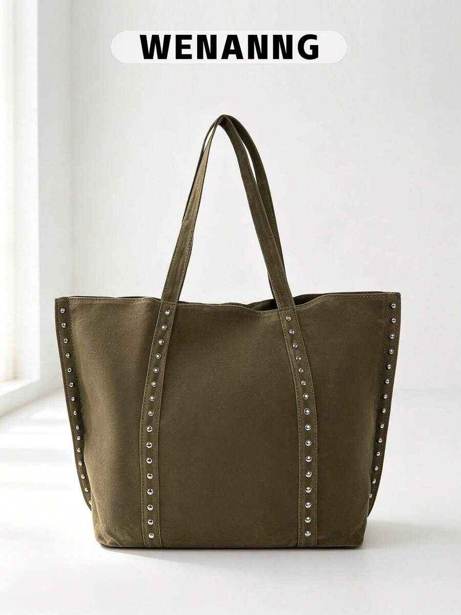 1pc Vintage Punk Rivet Tote Bag, Large Capacity Commuter Bag, Shoulder Handbag, Suede Open Top Bag, Daily Storage Bag, Suitable For Girls/College Students/Young People, Applicable For Commuting, Campus Outings, Daily Shopping - Multicolor - View 1