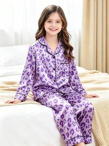 Tween Girl Purple Leopard Print Long Sleeve Pants Pajama 2-Piece Set - Multicolor - View 2